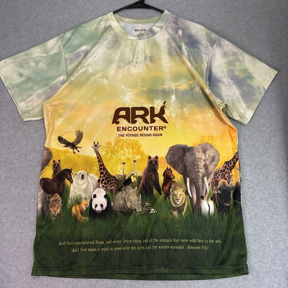 Men’s Kerusso Ark Encounter Animal Graphic T Shirt XL Christian All Over